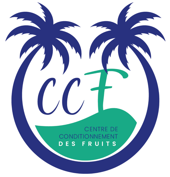 Logo du Centre de Conditionnement des Fruits (CCF) représentant deux palmiers bleus encadrant un cercle avec les lettres ccF et le texte « Centre de conditionnement des fruits en vert et bleu.